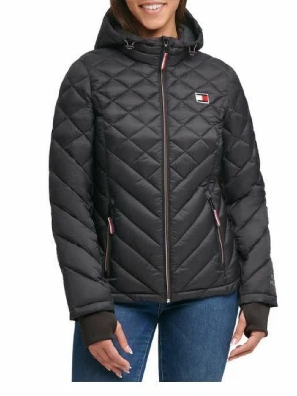Tommy Hilfiger Black Quilted Hooded Puffer Jacket with Logo Patch